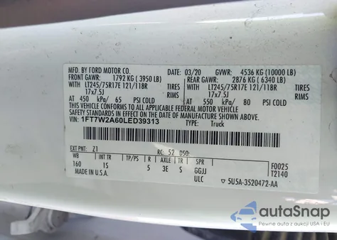 2020 Ford F250 Super Duty from USA, damaged, VIN 1FT7W2A60LED39313